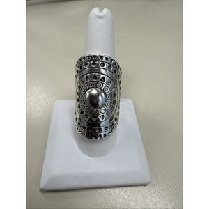 RING Rectangle Hammered-Look  Black Enamel Details Silvertone Metal Size 9.5